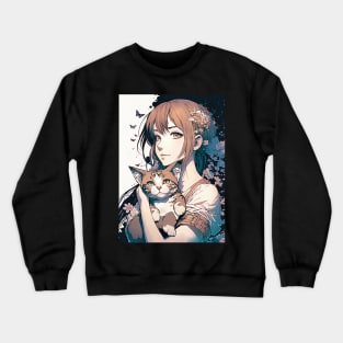 Cute Anime Girl With A Chubby Cat Crewneck Sweatshirt